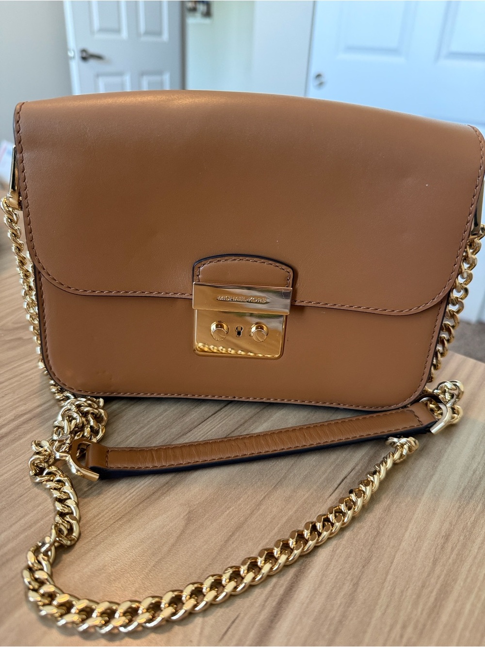 Michael Kors Brown Leather Crossbody with Gold Chain